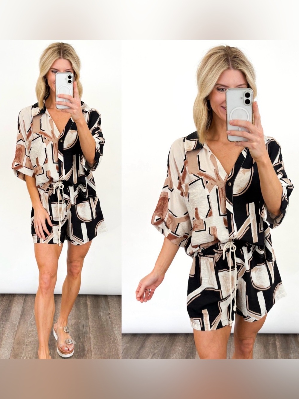 Abstract Print Button-Front top and short set in Black & Cream